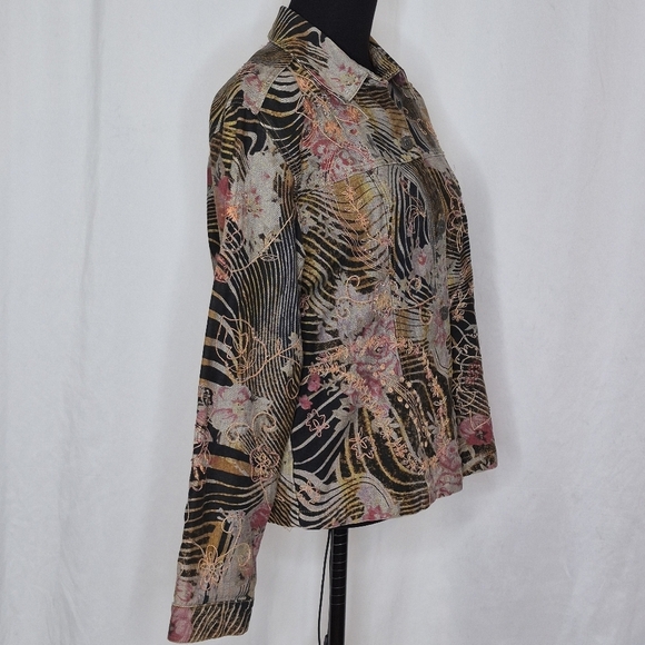 Chico's Embroidered Beaded Print Denim Lightweight Jacket - Size 2 (L/12-14) - Picture 3 of 12